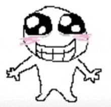 a pixel art drawing of a smiling cartoon character with big teeth and a pink cheek .