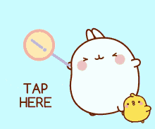 a cartoon of a rabbit and a chick with the words tap here below it