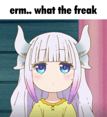 a cartoon girl with horns and the words " erm what the freak " below her