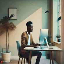 a man sits at a desk in front of a computer with adobe firefly written on the bottom right