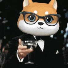 a dog wearing glasses and a tuxedo holds a glass