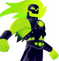 a cartoon character with a skull on his head and neon green hair