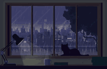 a black cat sits on a window sill in front of a city skyline at night