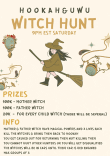 a poster for hookah & uwu witch hunt shows a witch flying on a broom