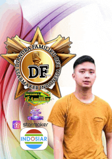 a man in a yellow shirt is standing in front of a logo for df