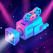 a colorful illustration of a movie projector with a purple background