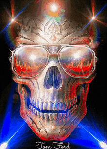 a poster of a skull wearing sunglasses with the name tom ford written below it