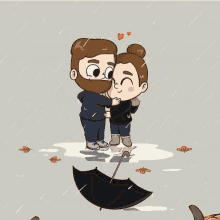 a cartoon of a man and woman hugging under an umbrella in the rain