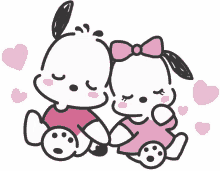 a couple of cartoon characters sitting next to each other with pink hearts in the background