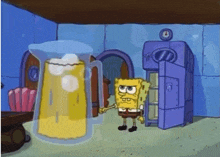 a cartoon of spongebob standing next to a large pitcher of beer