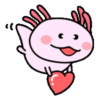 a cartoon axolotl is holding a red heart in its hand .