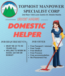 an advertisement for topmost manpower specialist corp shows a woman holding a mop