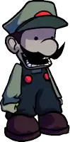 a cartoon character wearing overalls and a hat with red buttons