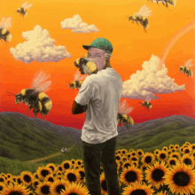 a painting of a man standing in a field of sunflowers with bees flying around him