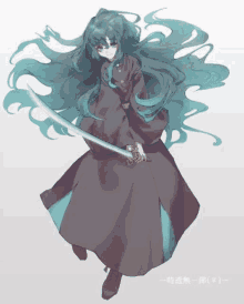 a drawing of a person with long hair holding a sword