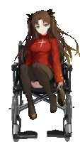 a girl is sitting in a wheelchair with a cross on her sweater