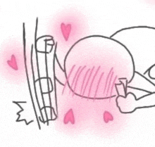 a drawing of a person laying down with pink hearts surrounding them .