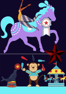 an illustration of a woman riding a horse and a monkey juggling balls