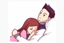 a cartoon of a man and a woman hugging each other while laying on a bed .