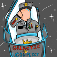 a cartoon of a man in a coffin with the words galactic conflict on the bottom