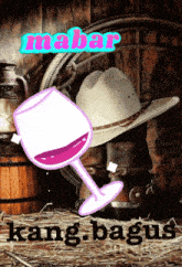 a picture of a cowboy hat and boots with a wine glass in front of it