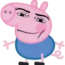 a cartoon pig with a funny face is wearing a blue shirt and black pants .