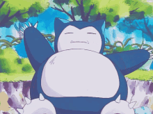 a cartoon drawing of a snorlax sleeping in the woods with trees in the background