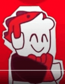 a white cartoon character with a red hat and bow tie is smiling .