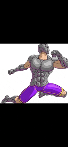 a cartoon drawing of a superhero with purple shorts and a helmet