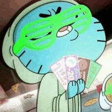 gumball from the amazing world of gumball is wearing sunglasses and holding a bunch of money in his hands .