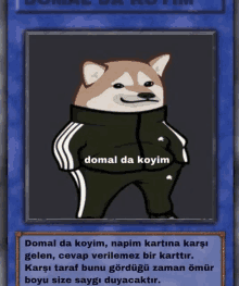 a cartoon dog wearing a black jacket with the words domal da koyim on it