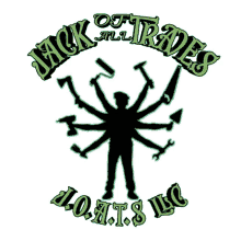 a logo for jack trades l.o.a.t.s. llc shows a man with many hands