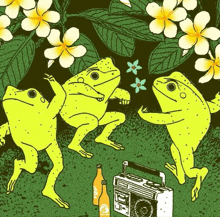 three frogs are dancing in front of a boombox and two bottles of tropicana orange juice