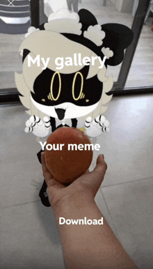 a person is holding an apple in front of a cartoon character that says my gallery your meme download