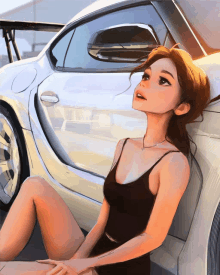 a drawing of a woman sitting next to a white car