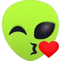 a green alien with a red heart in front of it