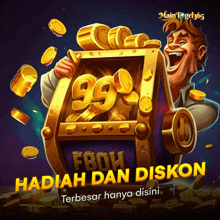 a poster for main togel 365 shows a man holding a box full of gold coins