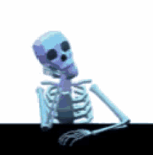 a skeleton is sitting at a table with a purple skull on it .