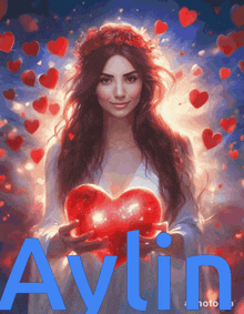 a painting of a woman holding a red heart with aylin written in blue