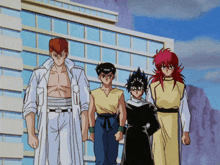 a group of anime characters are standing next to each other in front of a building