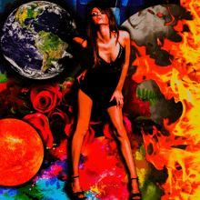 a woman in a black dress is standing in front of a colorful background with fire and roses