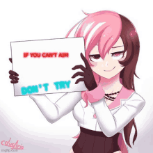 a girl holding a sign that says if you can t aim don t try