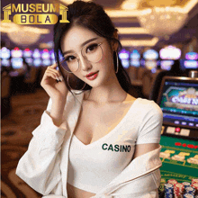 a woman in a white shirt that says casino