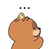 a cartoon drawing of a brown bear with a chicken on its head