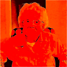 a painting of an elderly woman with glasses and a red background