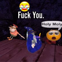 a cartoon character with a wizard hat and a speech bubble that says " fuck you holy moly "