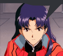 a girl with purple hair and a red jacket