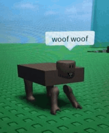 a cartoon character with a speech bubble that says `` woof woof '' is standing on a green field .