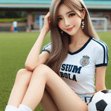 a woman wearing a seum bola shirt sits on the grass with a soccer ball