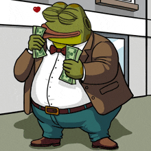 a cartoon of a man in a suit and tie holding a stack of money